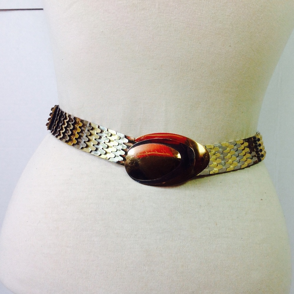 Vintage Gold Metal Belt Silver Scaly Metal Oval